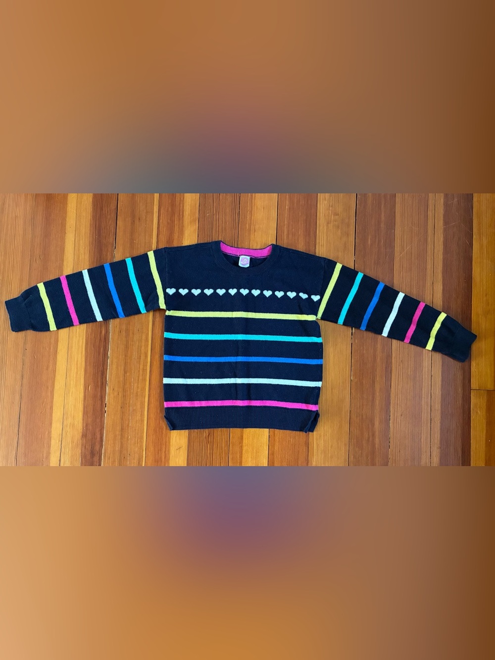 GAP Navy Blue Knit Sweater with Multicolor Stripes & Heart Detail